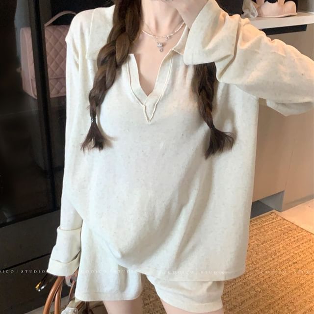 Collared Long-Sleeve Solid Tee & Mid-Rise Shorts Two-Piece