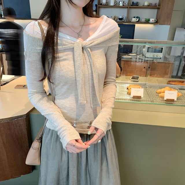 Knot Detail Mock Layer Long Sleeve Solid Top