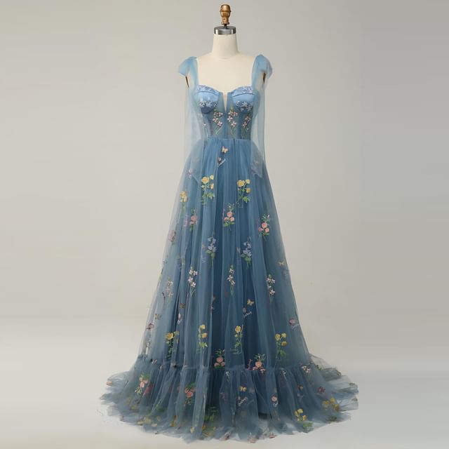 Sleeveless Floral Embroidered Mesh A-Line Evening Gown