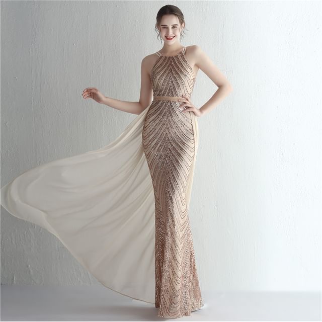 Sequin Sheath Spaghetti Evening Gown Strap