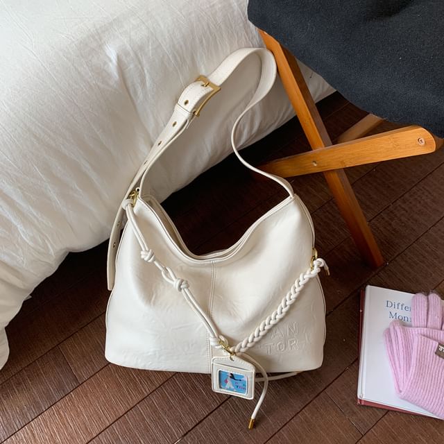 Faux Leather Plain Shoulder Bag With Tag
