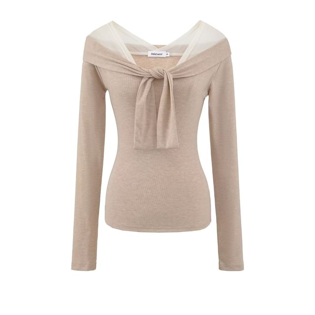 Mesh Panel Plain Top with Long Sleeves