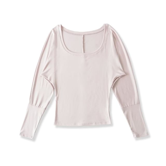 Plain Crop Top with U-Neck and Long Sleeves