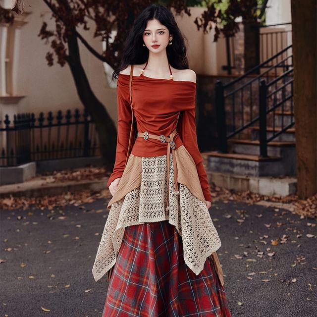 Halter Long-Sleeve Solid Top & Plaid Maxi A-Line Skirt Set