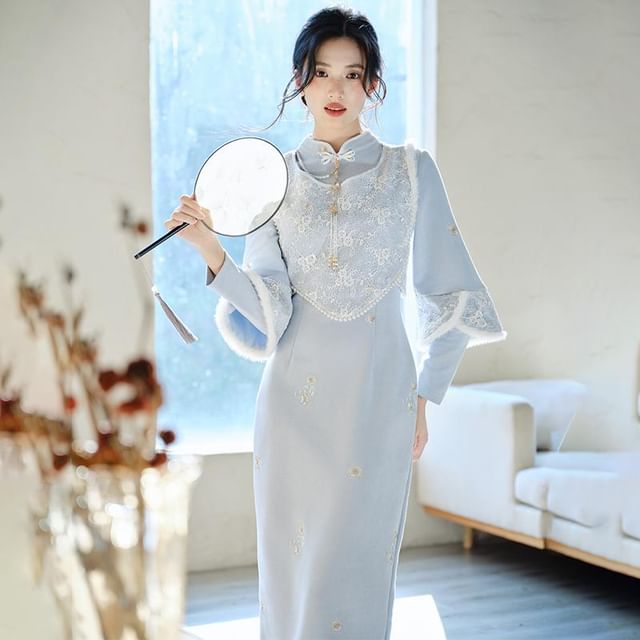 Stand-Collar Long-Sleeve Solid Maxi Sheath Dress Set