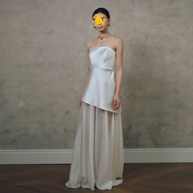 Strapless Two Tone Panel A-Line Evening Gown