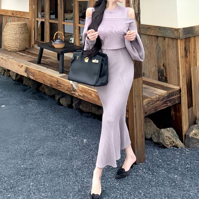 Sleeveless Crew Neck Plain Ribbed Knit Midi A-Line Dress / Plain Cardigan