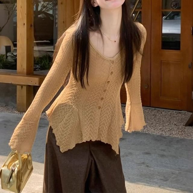 V-Neck Lettuce Edge Perforated Button-Up Plain Cardigan