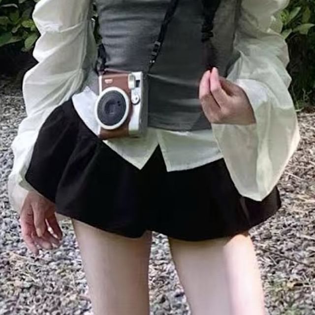Off-Shoulder Long-Sleeve Blouse & Mid-Rise Mini Skort