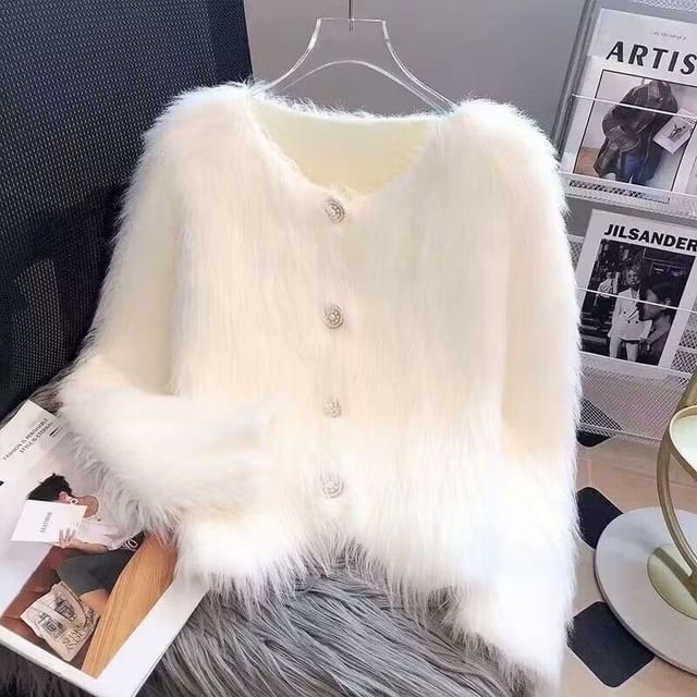 Round Neck Plain Fluffy Faux Pearl Button Cardigan