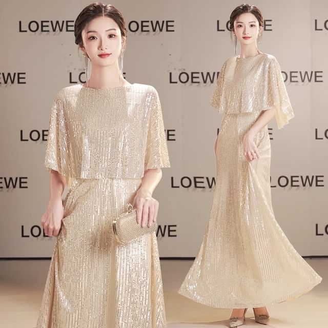 Plain Neck A-Line Gown Sleeve Panel Sequin Cape Evening Round