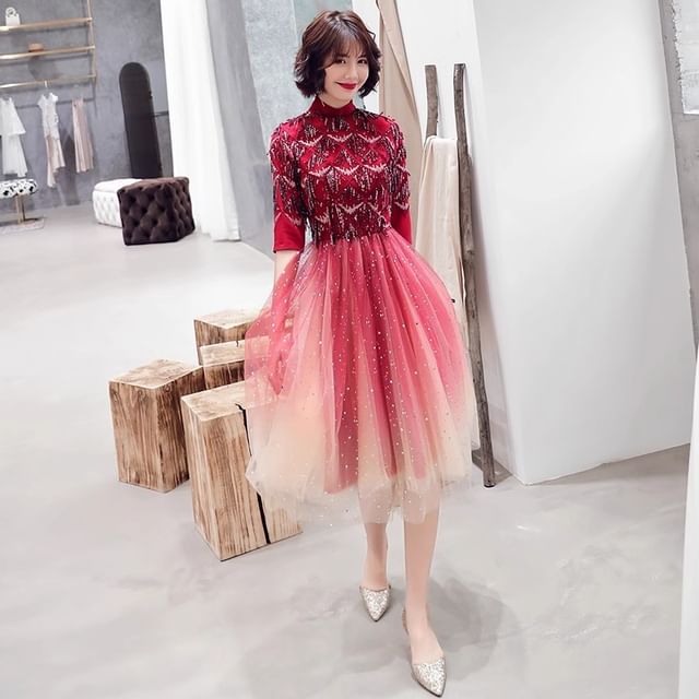Elbow Sleeve Stand Collar Gradient Sequin Mesh Midi A-Line Cocktail Dress