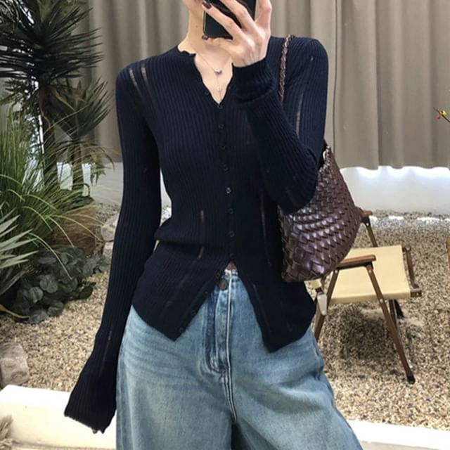 Round Neck Plain Distressed Ribbed Cardigan
