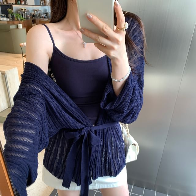 Plain Perforated Tie Waist Cardigan