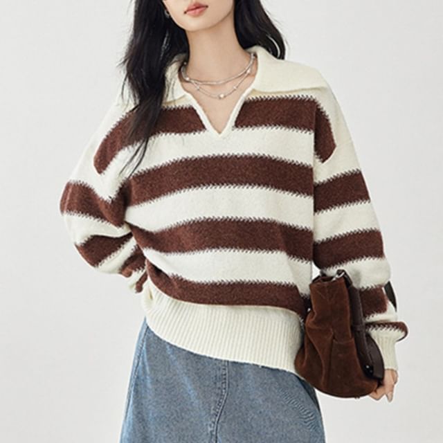 Striped Collared V-Neck Pullover Sweater