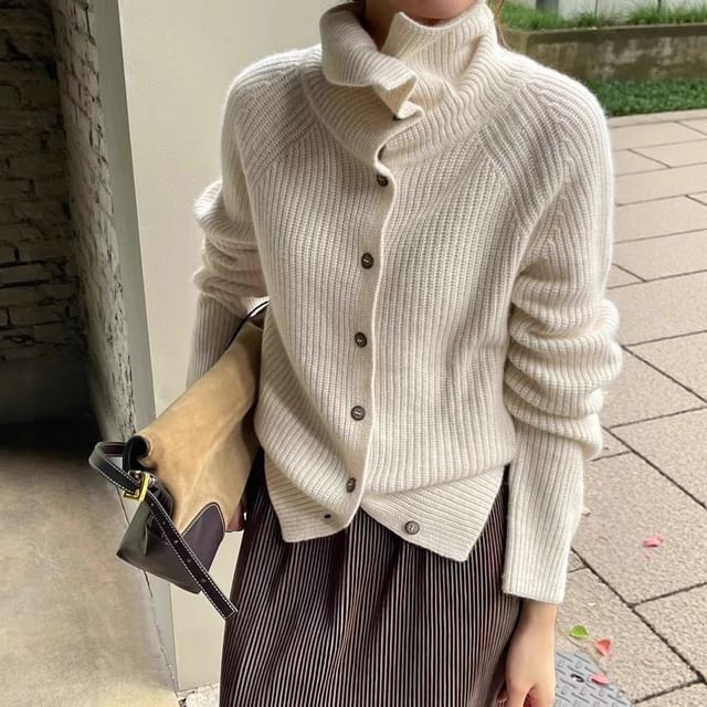 Stand Collar Plain Ribbed Cardigan