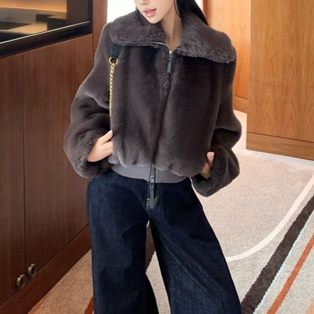 Collared Plain Fluffy Zip Jacket