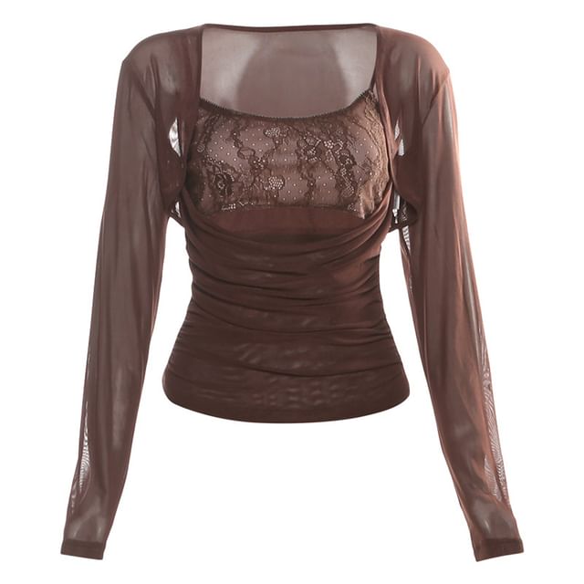 Matching Set: Ruched Slim Top and Lace Cropped Cami with Long Sleeves