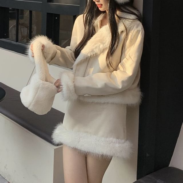 Set: Faux Fur Button-Up Jacket + Pencil Skirt