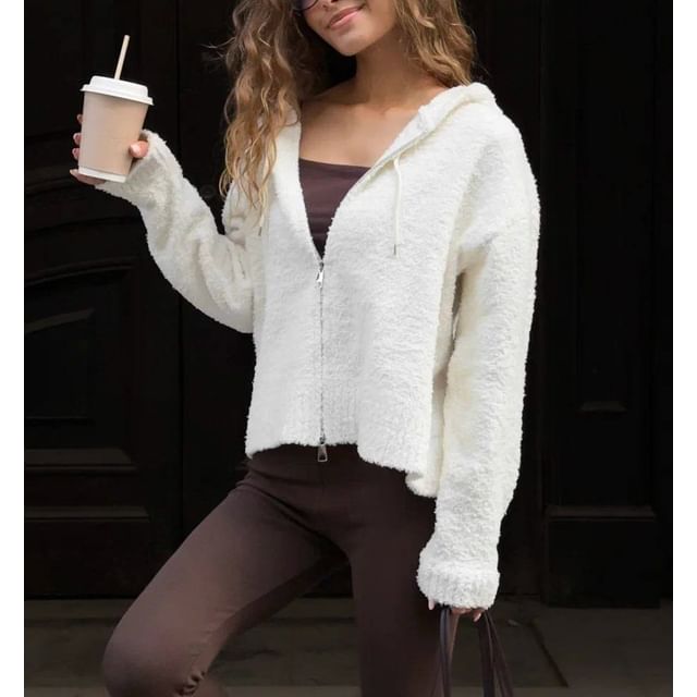Long Sleeve Plain Furry Cropped Zip-Up Hooded Jacket