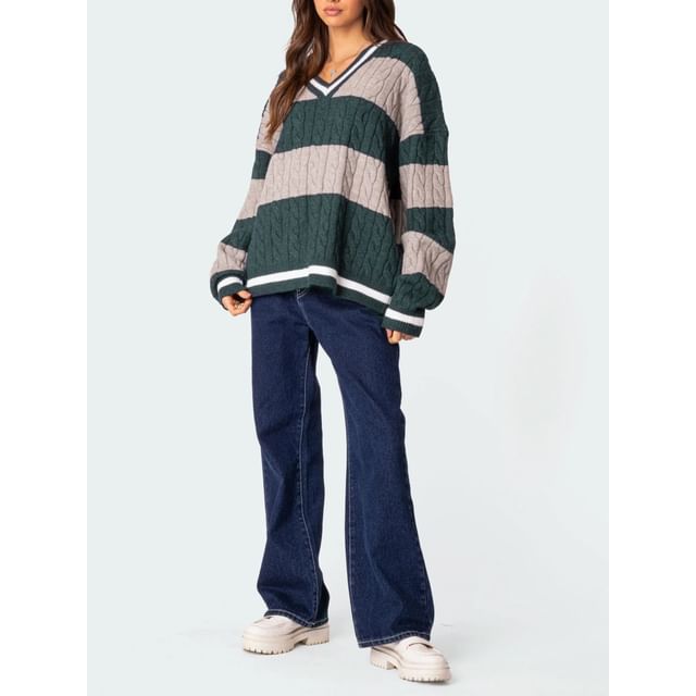 Contrast Trim Striped Cable Knit Loose V-Neck Sweater