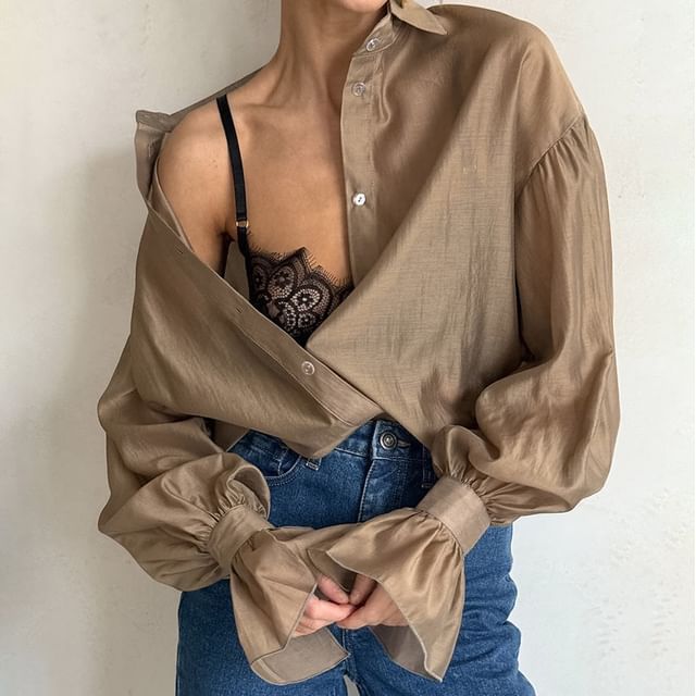 Airy Loose Sheer Blouse with Puff Sleeves and V-Cut Neckline