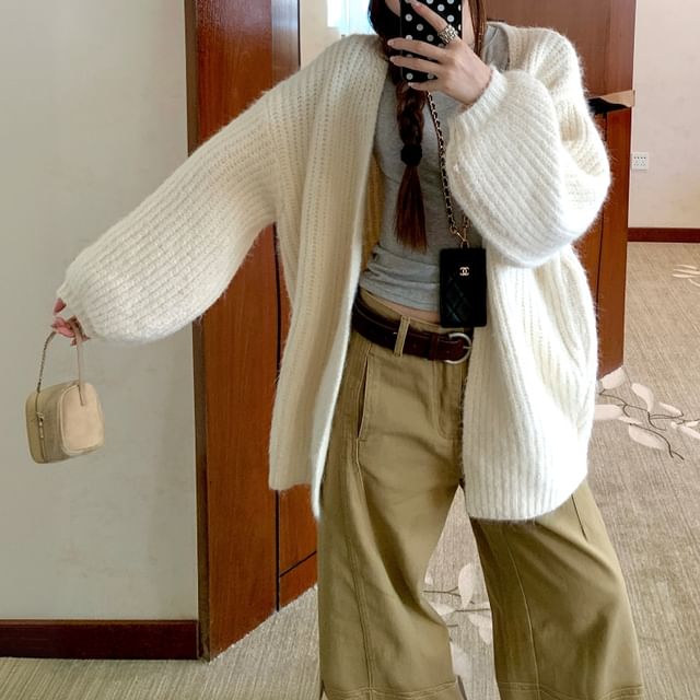 Balloon Sleeve V-Neck Plain Cardigan
