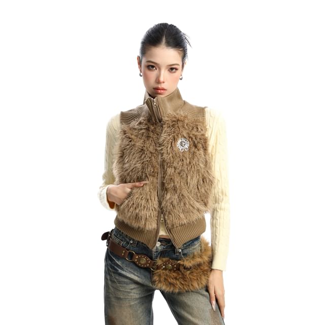 Turtleneck Zip-Up Faux Fur Sweater Vest
