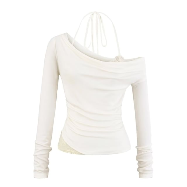 Ruched Slim-Fit Cowlneck Halter Tee with Long Sleeves, Solid Color