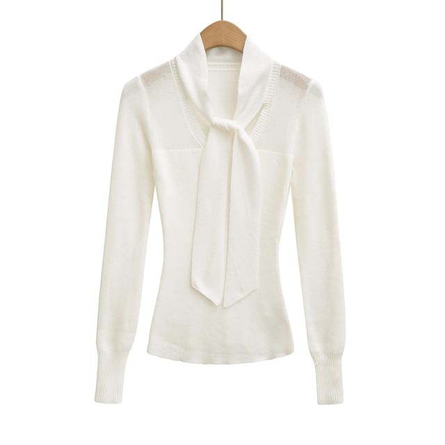 Knit Top with Tie Neckline and Long Sleeves