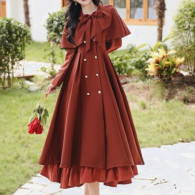 Set: Long Sleeve Collared Frill Double Breasted Midi A-Line Dress / Bow Capelet