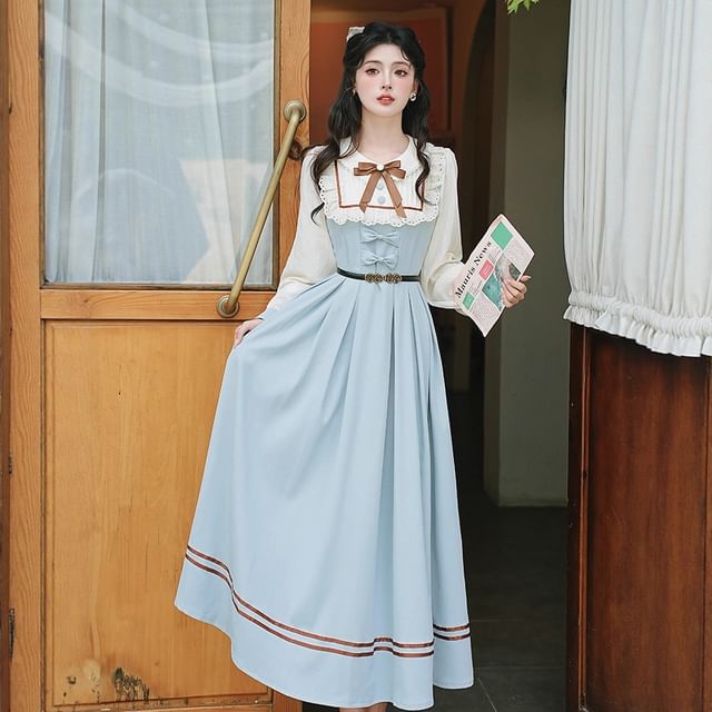 Long Sleeve Collared Bow Striped Ruffle Pleated Mock Two Piece Maxi A-Line Dress / Bow Tie / Belt / Set