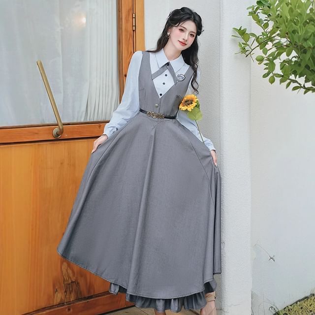 Long Sleeve Collared Mock Two Piece Button Maxi A-Line Dress / Bow Tie / Brooch / Belt / Set