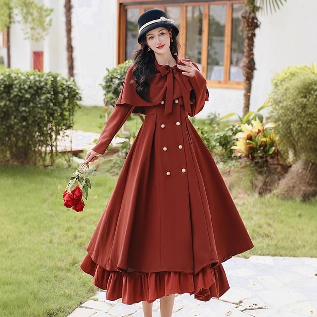 Set: Long Sleeve Collared Ruffle Panel Double Breasted Midi A-Line Dress + Plain Bow Capelet