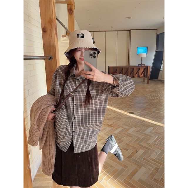 Plaid Shirt & Cable-Knit V-Neck Sweater & High Waist H-Line Skirt Set