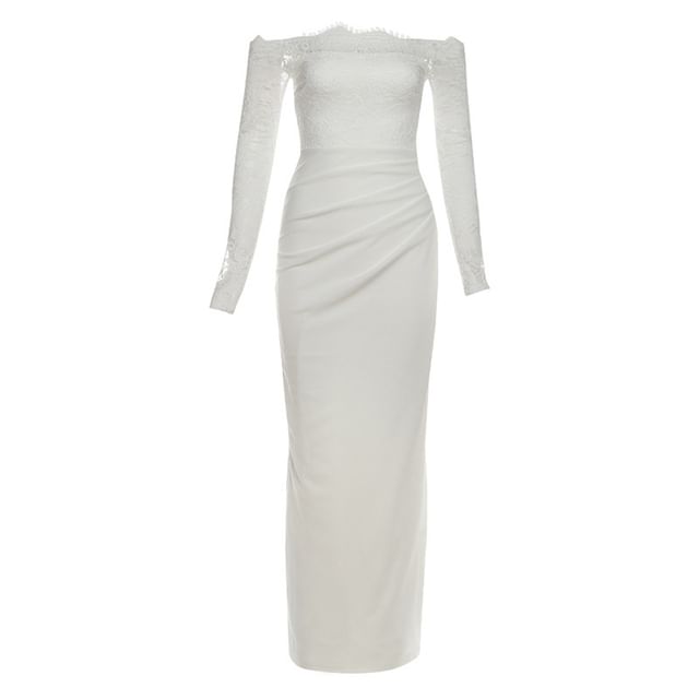 Long Sleeve Off Shoulder Lace Panel Plain Maxi Bodycon Dress