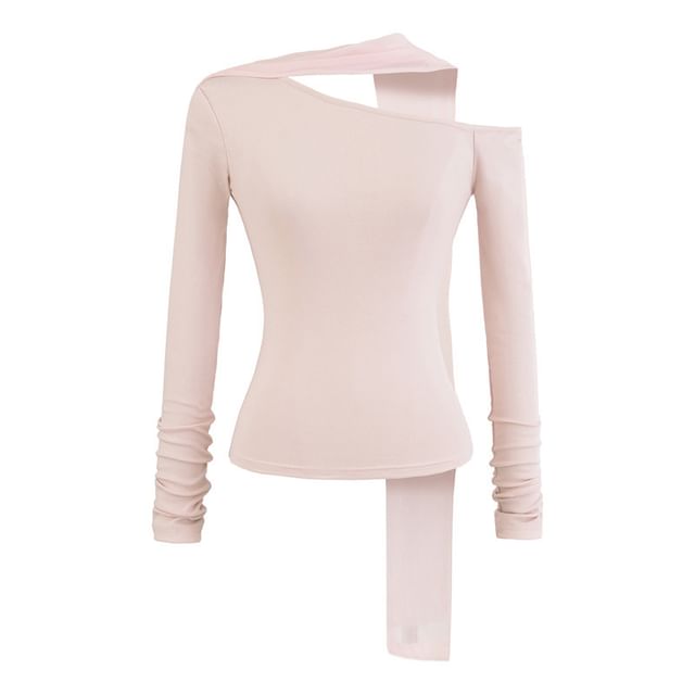 Slim-Fit Off-Shoulder Tee with Asymmetrical Cut and Long Sleeves
