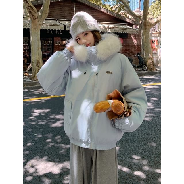 Fluffy Hooded Plain Zip Puffer Jacket