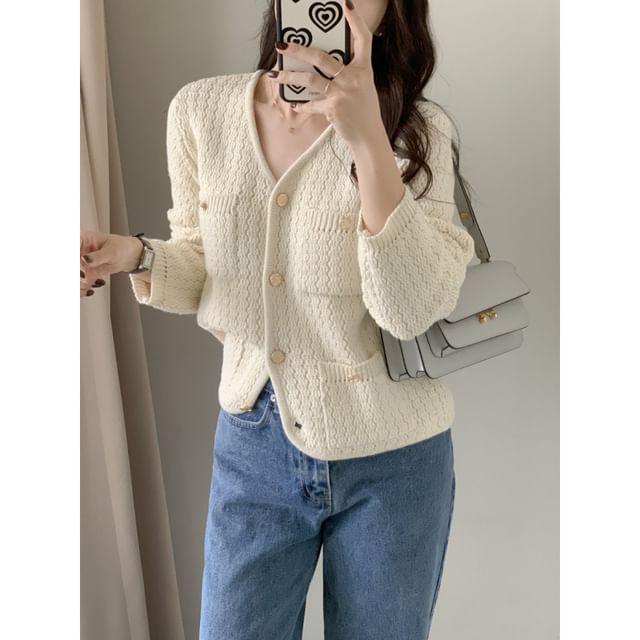 V-Neck Plain Pointelle Button Up Cardigan