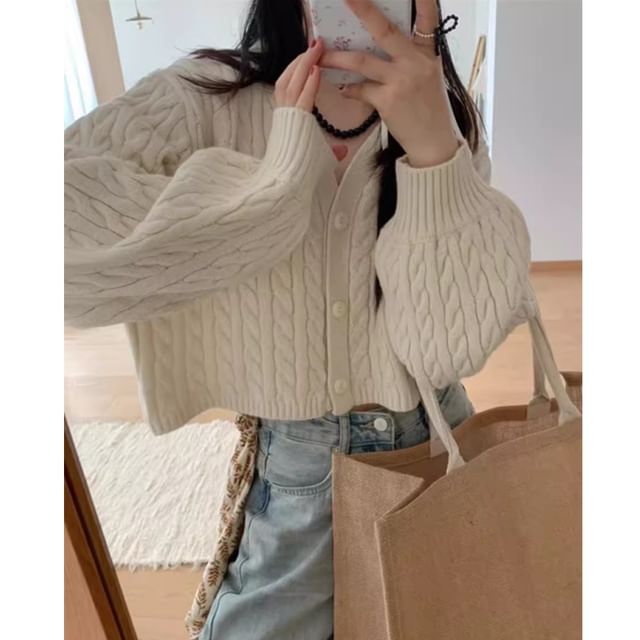 V-Neck Plain Cable Knit Cropped Cardigan