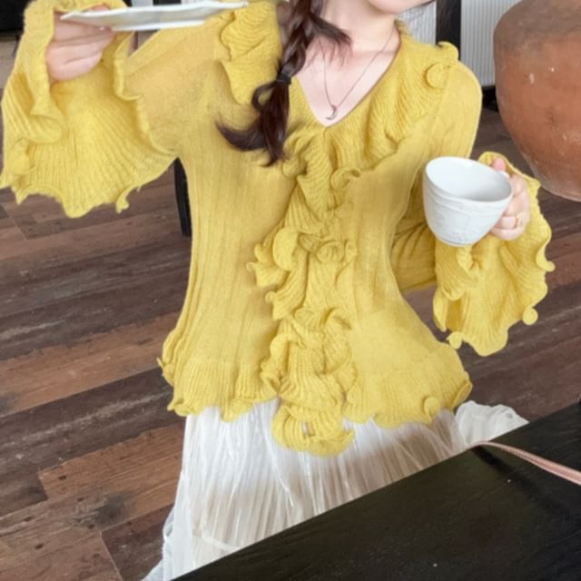 Ruffled Ribbed Knit Long Sleeve Solid Top