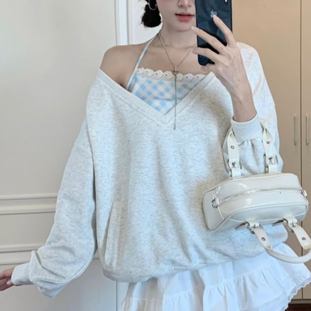 Melange Sweatshirt & Halter Gingham Camisole & Tiered Mini Skirt