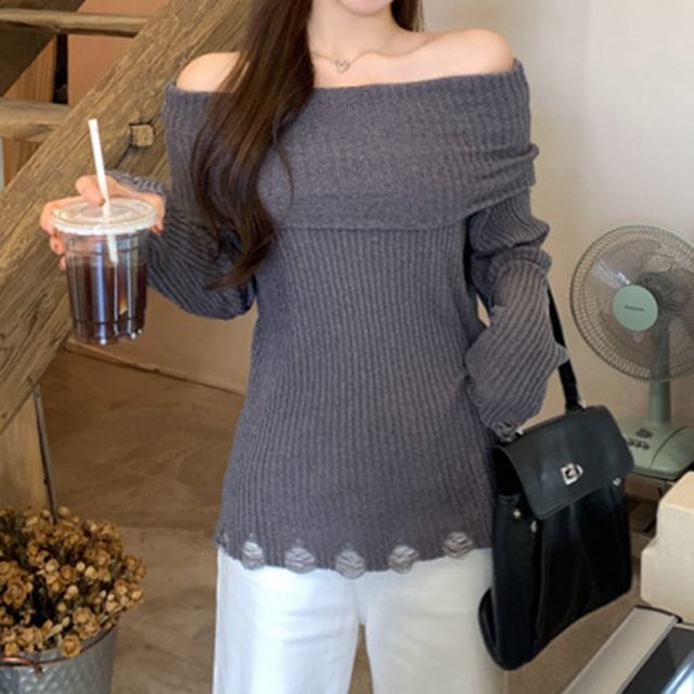 Distressed Ribbed Knit Off Shoulder Long Sleeve Top