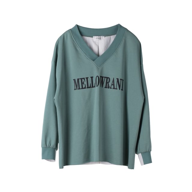 Plus Size Mock Two-Piece V-Neck Lettering Print Pullover