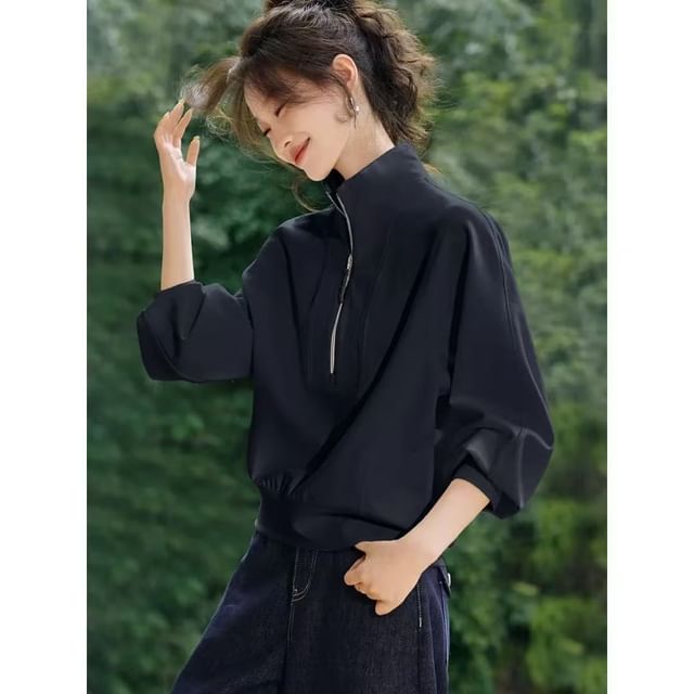 Solid Half-Zip Pullover with Mock Neckline