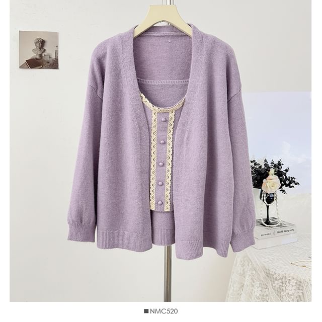 Scoop Neck Lace Trim Knit Camisole + Extended Sleeve Cardigan Set