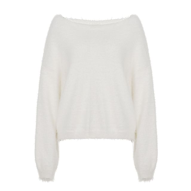 Fuzzy Off-the-Shoulder Pullover Sweater