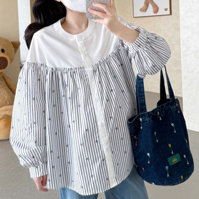 Maternity Striped Button-Front Blouse with Round Neck and Long Sleeves
