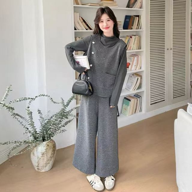 Maternity Set: Mock-Neck Knit Top, Button-Up Vest and Wide-Leg Pants