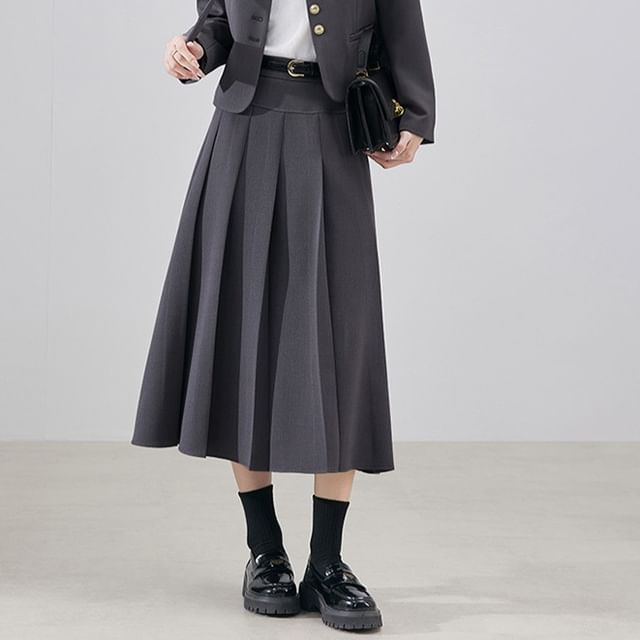 V-Neck Blazer & Accordion Pleated Midi A-Line Skirt